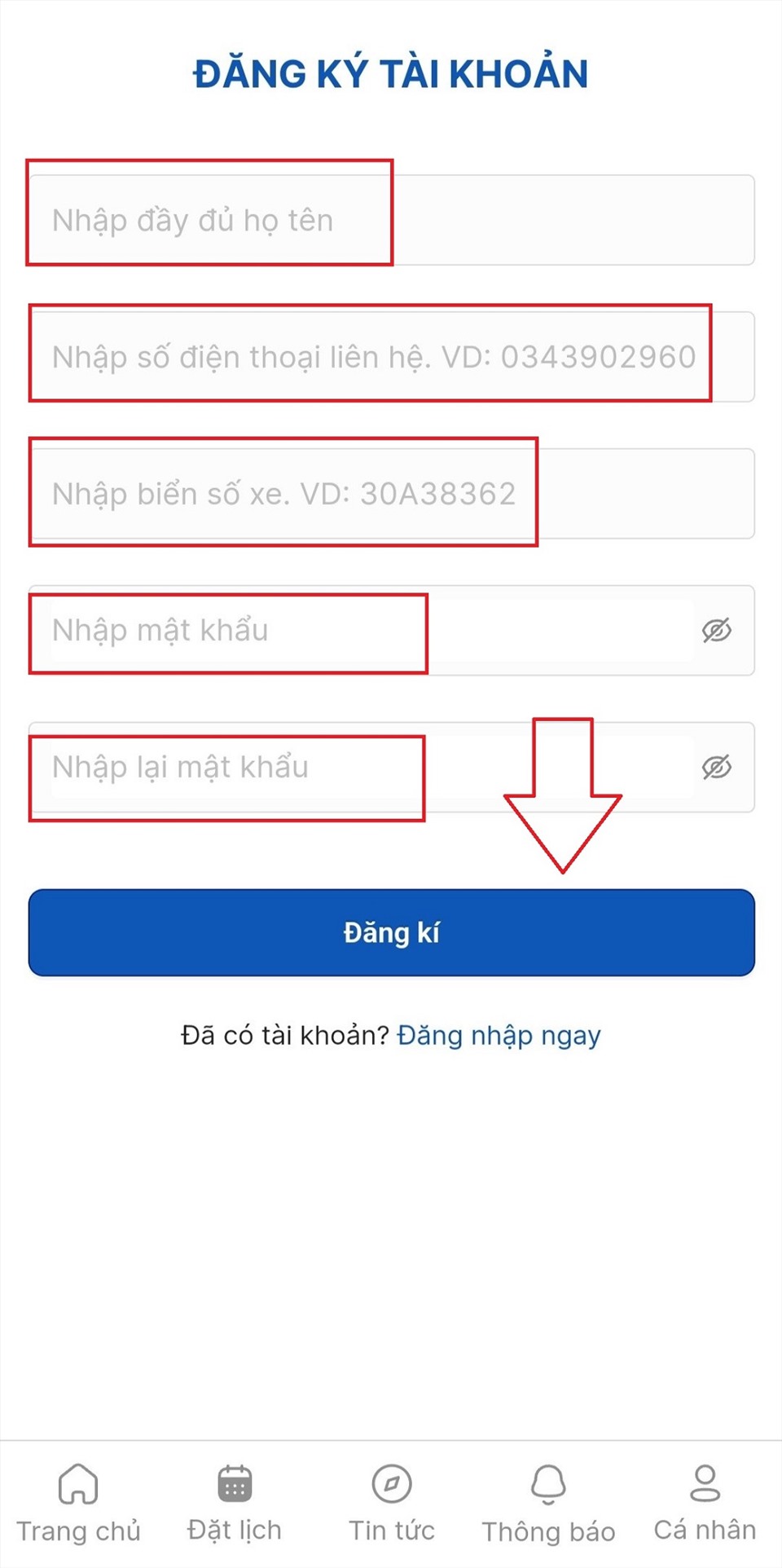 Mở app và đăng ký lịch đăng kiểm online. Ảnh chụp màn hình