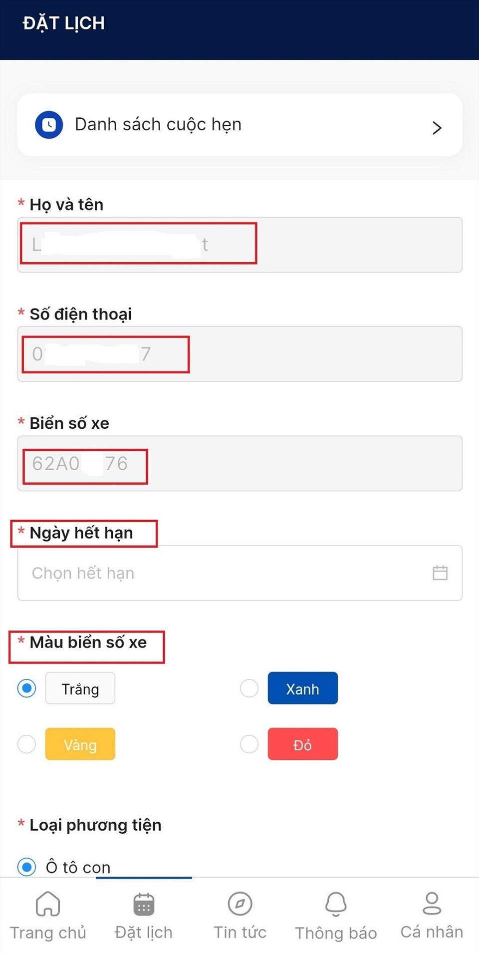 Bước 4: Nhập thông tin đăng ký lịch đăng kiểm trên ứng dụng online. Ảnh chụp màn hình