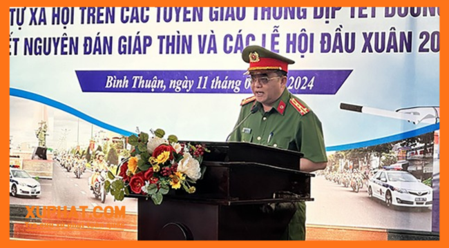 Đại tá Huỳnh Ngọc Liêm - Phó Giám đốc Công an tỉnh Bình Thuận phát biểu tại lễ ra quân.
